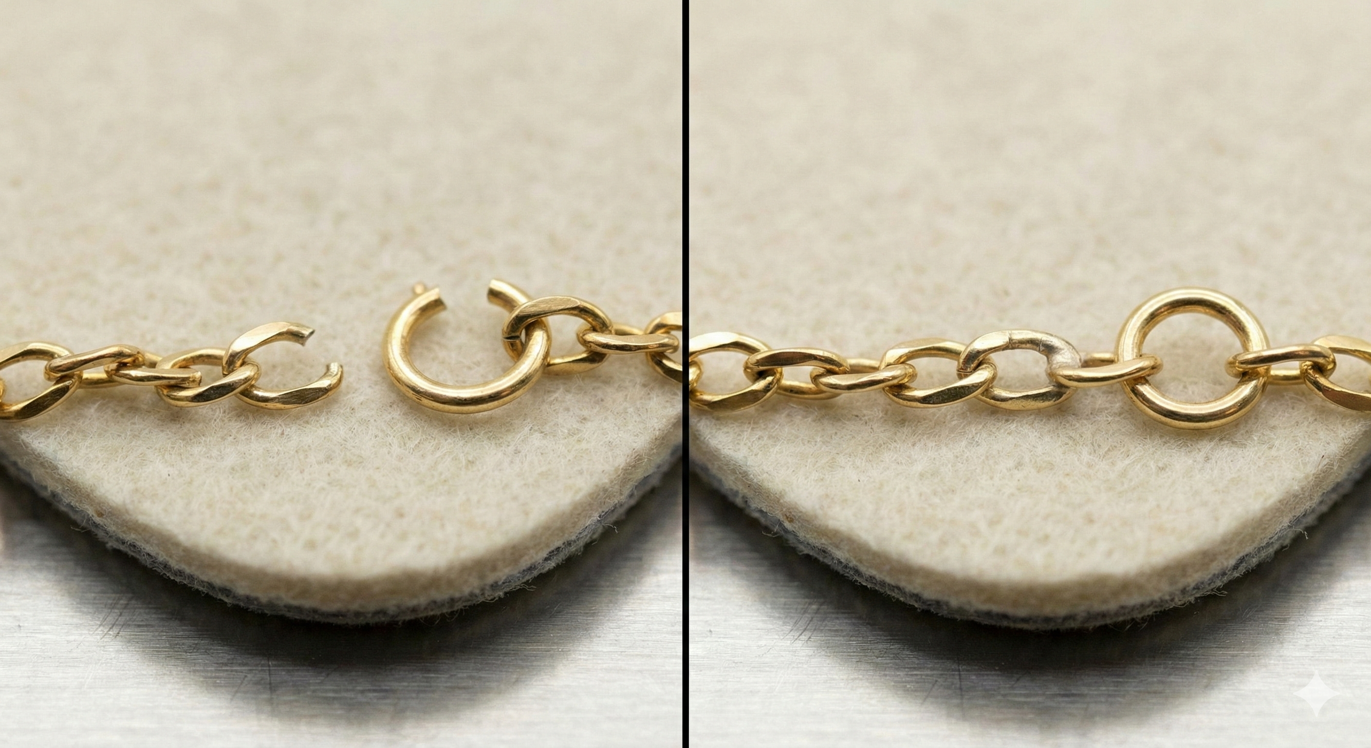 Antes y después de soldadura y refuerzo en joya